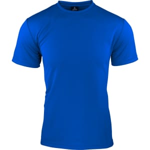 A blue men's t-shirt with a crew neckline and short sleeves. Features a logo on the collar.