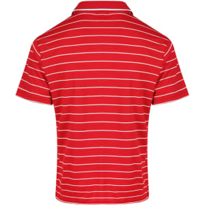 A red polo shirt with white horizontal stripes and a collar, featuring a logo on the back.