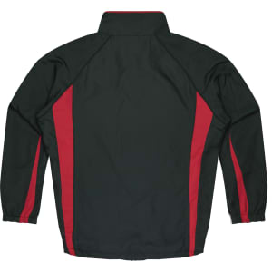 A green track top featuring red side stripes, with a high collar and elastic cuffs. It has a logo on the back.