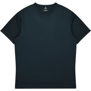 A dark teal t-shirt with a classic crew neck and short sleeves, featuring a logo on the inside label.