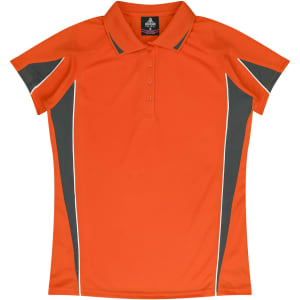 An orange polo shirt featuring grey accents and a logo on the collar.
