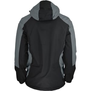 A men's jacket featuring a predominantly black design with grey accents and a hood, showcasing the back view.