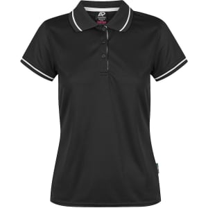 A black polo shirt with a collar and contrasting white stripes, featuring a logo and buttons down the front.