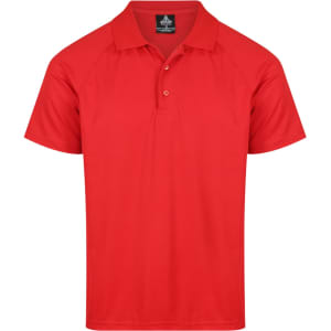 A red polo shirt with a classic collar and three buttons, featuring a logo on the upper area.