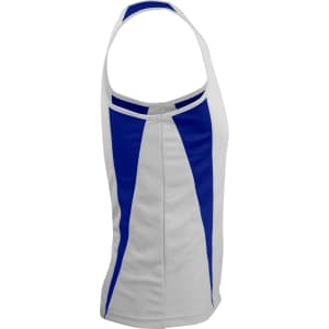 A sleeveless white singlet with blue panels on the sides and a logo.