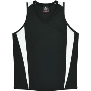 A black singlet with white accents and a v-neck design. It features a logo on the front.