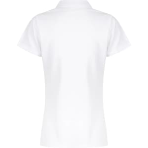 A white polo shirt with a collar and short sleeves. The back view is displayed, featuring a logo.