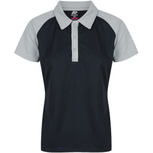 A polo shirt in navy and light grey with a button-up front and a logo on the collar.