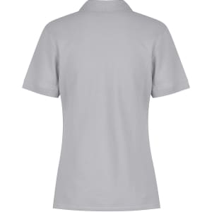A light grey polo shirt for women with a collar and short sleeves, featuring a logo on the back.