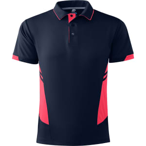 A navy polo shirt featuring bright pink accents and a logo on the chest area. Short-sleeved design.