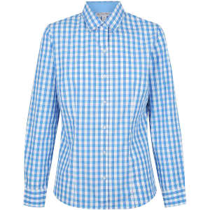 A blue and white checked long sleeve button-up shirt with a collar and a logo.
