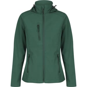 A green soft shell jacket with a zip front, two side pockets, and a hood, featuring a logo.