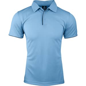 A light blue polo shirt with a collar, short sleeves, and a contrasting button placket. It features branding.