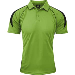 A green polo shirt with black detailing on the shoulders and sleeves, featuring a branded logo.