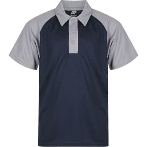 A navy and grey polo shirt featuring a collared neckline and short sleeves, with a logo on the label.