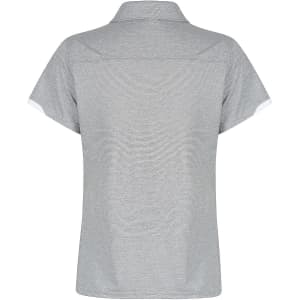 A grey polo shirt featuring a classic collar and a logo. The design includes short sleeves with contrasting details.