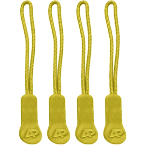 Four yellow zip puller accessories, featuring loops for easy gripping and a branded logo on each puller.