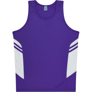 A purple singlet featuring white side panels and a logo. Suitable for kids and sports activities.