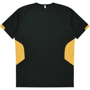 A T-shirt featuring a dark green body with yellow accents on the sides and back. It has a logo.
