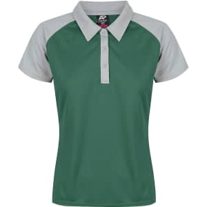 A green polo shirt with grey mesh sleeves and a collar, featuring a logo on the chest.
