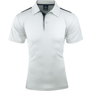 A men's polo shirt in white with navy accents, featuring a collar and three buttons, and a logo on the chest.