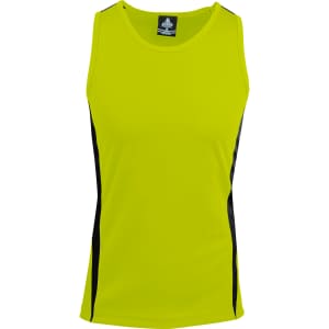 A bright lime green singlet featuring black side panels and a branded label.