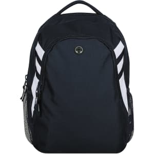 A black backpack with white stripes and a logo, featuring side mesh pockets and a zippered front compartment.