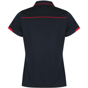 A navy polo shirt with red detailing and a logo on the back.