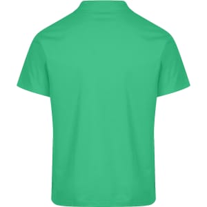 A green polo shirt with a collar, featuring a branding logo on the back.