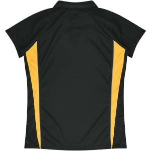A women's polo shirt in dark green with yellow side panels and a logo.
