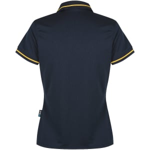 A dark navy polo shirt with yellow trim, featuring a collar and short sleeves. It includes a logo branding.