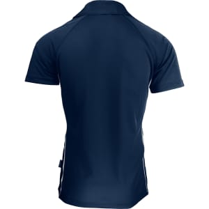 A navy polo shirt with a fitted design featuring side stripes and a logo on the back.