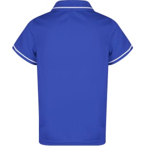 A blue polo shirt with contrasting white trim, featuring a classic collar and short sleeves. It has a logo.