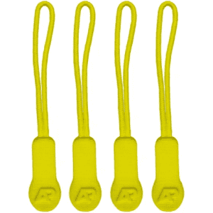 Bright yellow ZIP PULLERS ACCESSORIES arranged in a row, featuring a logo on each puller.