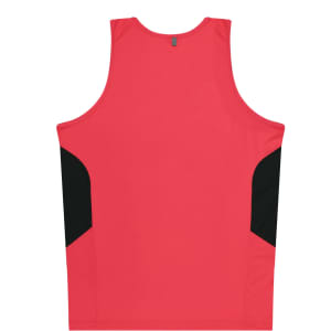 A red singlet with black side panels and a minimal branding logo on the back.