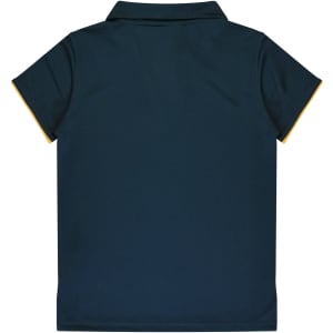 A dark green polo shirt with a collared neck and contrasting yellow trim on the sleeves. Features a logo.