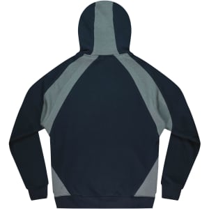 A hoodie featuring a colour block design in dark blue and grey, with a hood and long sleeves. It has a logo.