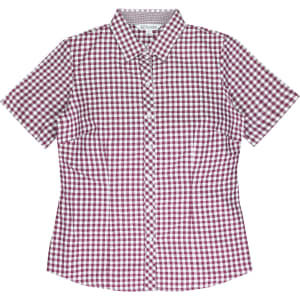 Short-sleeved button-up shirt in a maroon and white checkered pattern, featuring a branded label.
