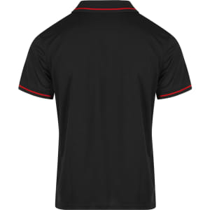 A black polo shirt with red piping, featuring a collar and short sleeves. It has a logo on the left side.