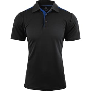 A black polo shirt featuring blue accents and a logo on the chest.