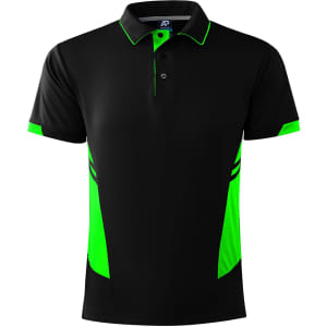 A black polo shirt with green accents and a logo, featuring a classic collar and short sleeves.
