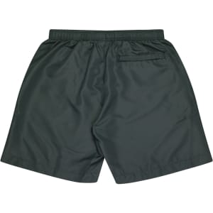 Green kids' sports shorts with an elastic waistband and a back pocket. Features a logo.