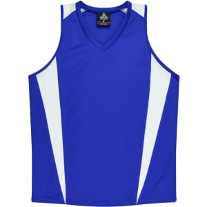 A blue singlet featuring white panels, designed for active wear, with a logo on the neckline.