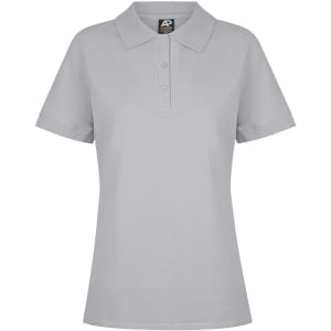 A grey polo shirt with a collar and three-button placket, featuring a logo on the label.