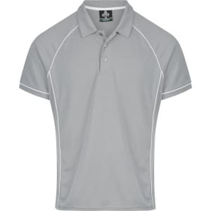 A grey polo shirt with white piping and a collar, featuring a logo on the chest area.