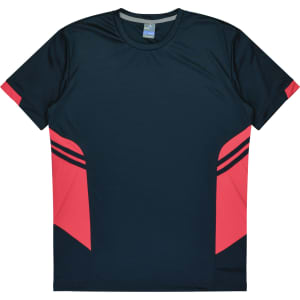 A navy blue t-shirt with red accents and a logo, featuring a sporty design. Suitable for kids' wear.