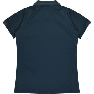 A dark teal polo shirt featuring a classic collar and short sleeves. The shirt has a logo on it.