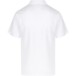 A white polo shirt with a classic collar and short sleeves. The back view features a simple design and a logo.