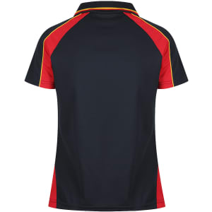 A polo shirt featuring a black and red design with yellow accents and a logo. Back view displayed.