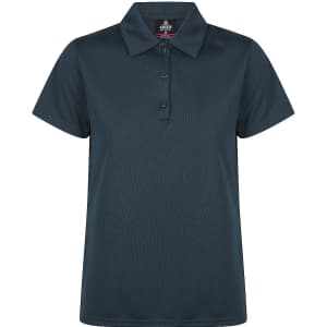 A dark green polo shirt featuring a collar and three button placket, with a logo on the label.